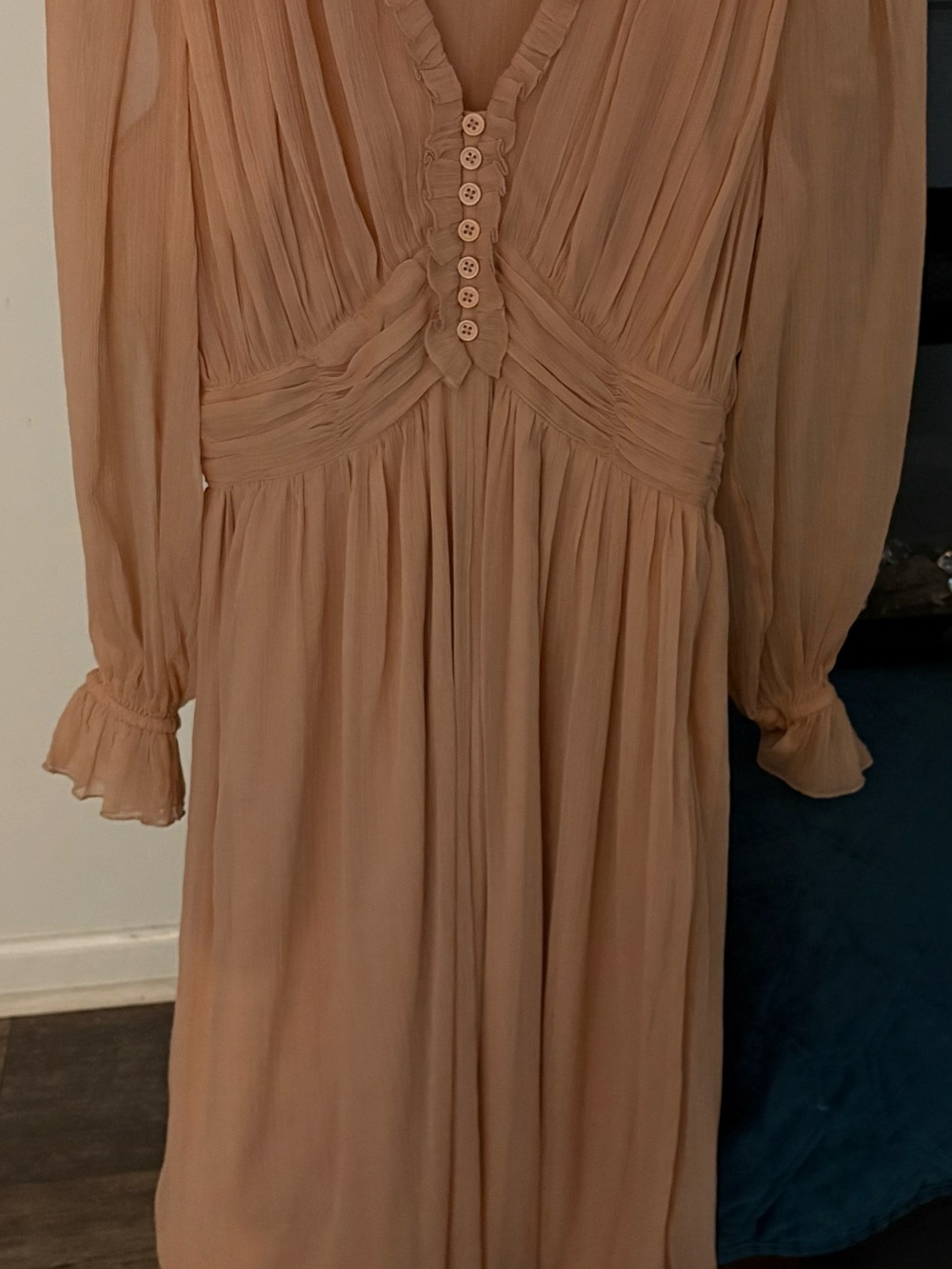 French Connection Long-Sleeve Pleated V-Neck Maxi Dress in Beige